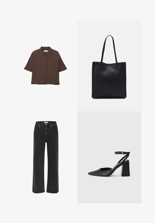 Brązowa, krótka koszula zapinana na guziki z kołnierzykiem. Wykonana z lekkiego materiału, o luźnym kroju i subtelnej fakturze. Bez widocznych wzorów.; Czarne jeansy o szerokich nogawkach, wykonane z denimu, z wysokim stanem, przednimi kieszeniami oraz rozporkiem na zamek z zapięciem na guzik. Subtelne blaknięcie materiału.; Czarne skórzane czółenka z ostrym noskiem, z paskiem na kostce i grubym obcasem. Gładka faktura, elegancki design i minimalistyczna estetyka.; Czarna skórzana torba tote o gładkiej fakturze, prostokątnym kształcie i dwóch długich uchwytach. Brak widocznych elementów metalowych i ozdób.