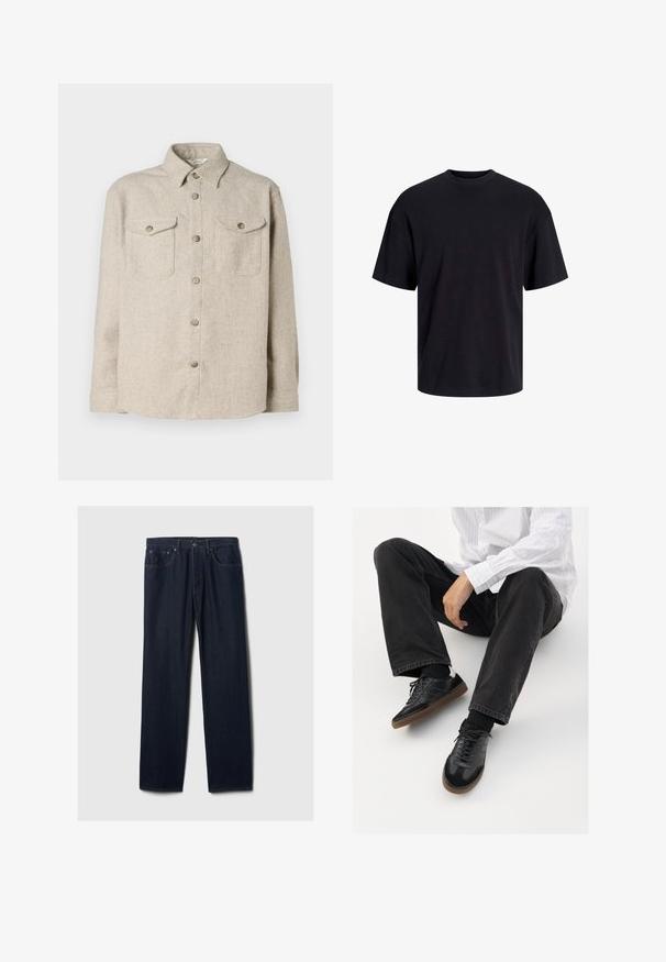 Bežinis tekstūruotas marškinėliai su ilgomis rankovėmis, dviem mygtukais susegamais krūtinės kišenėmis ir klasikinio kirpimo apykakle, išdėstyti ant balto fono.; Juodas medvilninis marškinėlis su apvaliu iškirpimu, trumpomis rankovėmis ir laisvu siluetu. Glotni tekstūra, be matomų raštų ar akcentų.; Tamsiai mėlynos tiesios kojų džinsinės kelnės su penkių kišenių dizainu, mygtukų uždarymu ir matoma siuvimo linija ant šviesaus fono.; Juodi sportbačiai su lygiu ir tekstūruotu paviršiumi, turi guminį padas ir tamsias raištelius. Suderinti su juodomis džinsais ir balta juostuota marškinėliais.