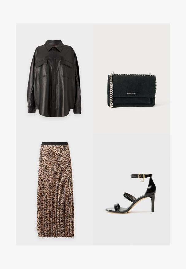 Sort læder skjorte med knaplukning fortil, spidse kraver og to brystlommer. Har en løs pasform og glat tekstur.; Plisseret maxinederdel i beige med sort leopardprint. Har en sort taljebånd, blød tekstur og flydende design.; Sorte patenterede lædersandaler med tre stropper, ankelspænde og 10 cm stiletthæl. Har detaljer i guld og et logo charms.; Sort ruskind pouchette med en sølv kæderekke, der har en klaplukning og prægede logo detaljer på fronten. Kompakt og rektangulær form.