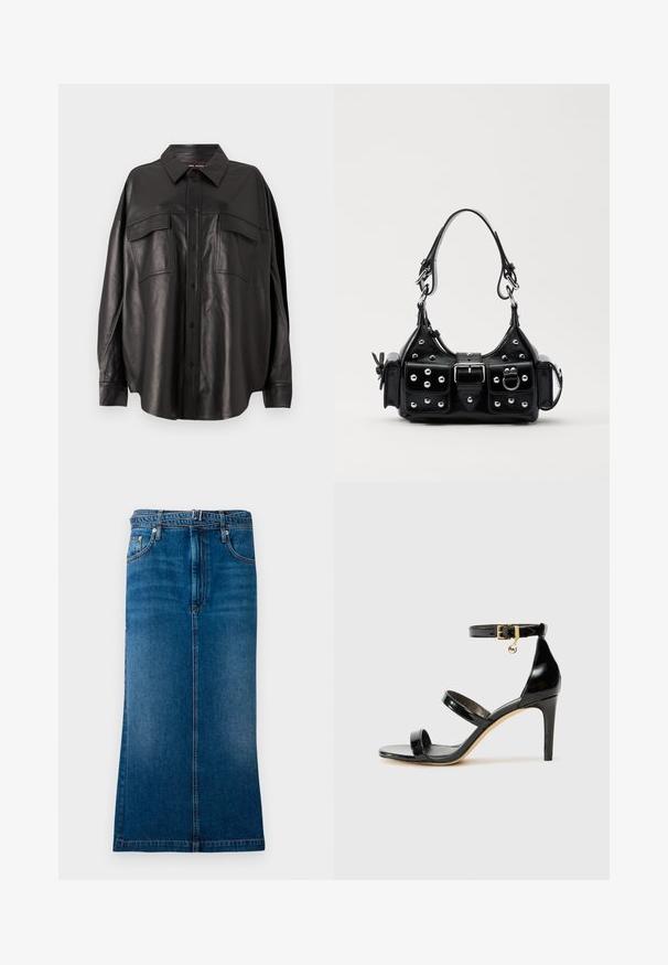 Černá kožená košile s knoflíkovou přední částí, špičatým límcem a dvěma náprsními kapsami. Vyznačuje se volným střihem a hladkou texturou.; Džínová sukně ve středním praní se rovný střihem, s skrytým předním zipem, poutky na pásek a kontrastním šitím.; Černé lakované kožené sandály se třemi pásky, sponou na kotníku a 10 cm jehlovým podpatkem. Obsahují zlaté kovové detaily a logo přívěsek.; Černá kožená kabelka s křivkovým designem, zdobená stříbrnými hřebíky, s přezkou a dvěma bočními kapsami. Nastavitelný popruh pro různé možnosti nošení.