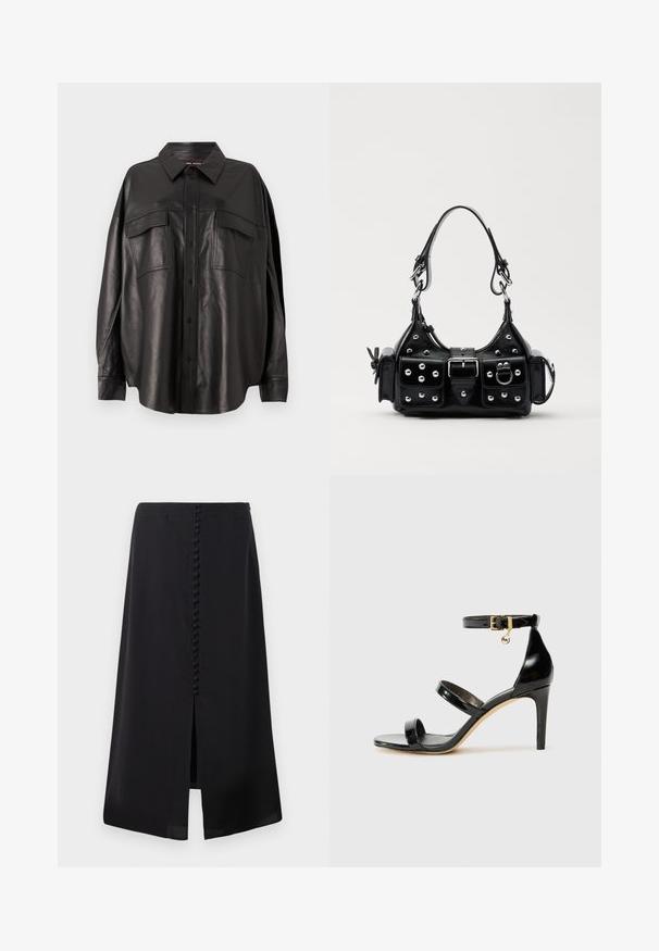 Schwarzes Lederhemd mit durchgehender Knopfleiste, spitzem Kragen und zwei Brusttaschen. Hat eine lockere Passform und eine glatte Textur.; Schwarzer Midirock aus glattem Material, mit einem Schlitz vorne und einer Reihe von kleinen Knöpfen auf der Rückseite für Details.; Schwarze Lackleder-Sandale mit drei Riemen, Knöchelriemen und 10 cm hohen Stiletto-Absatz. Verfügt über goldfarbene Hardware-Details und ein Logo-Charm.; Schwarze Lederhandtasche mit einem geschwungenen Design, verziert mit silbernen Nieten, einer Schnalle und zwei seitlichen Taschen. Verstellbarer Träger für verschiedene Tragemöglichkeiten.