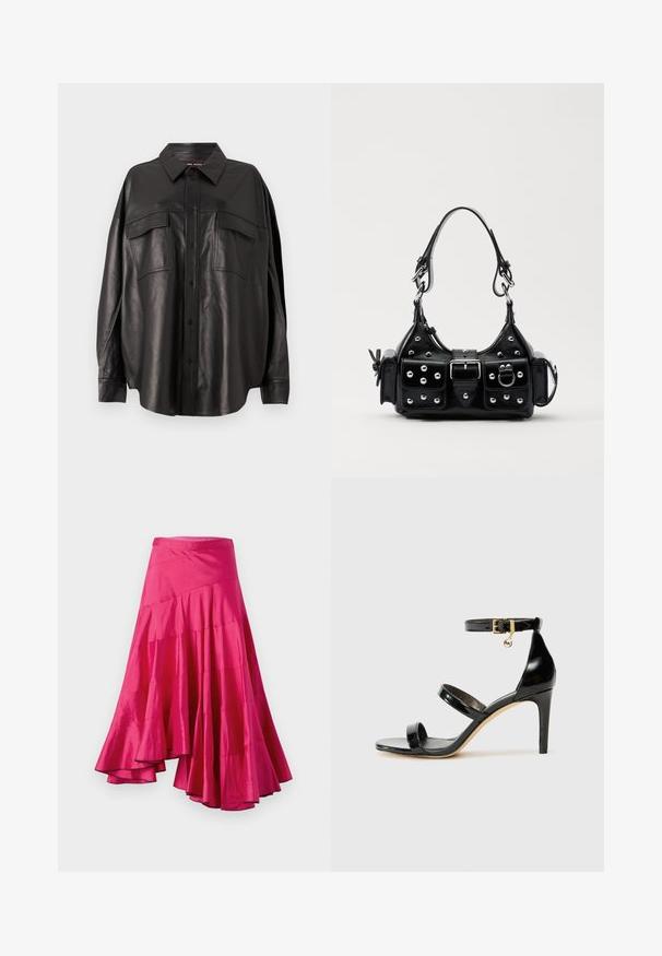 Camisa de cuero negro con cierre de botones en el frente, cuello puntiagudo y dos bolsillos en el pecho. Presenta un ajuste holgado y una textura suave.; Falda de satén magenta con dobladillo acampanado, que presenta paneles en capas y un diseño asimétrico. Textura suave y corte a media longitud.; Sandalia de charol negro con tres correas, hebilla en el tobillo y tacón de aguja de 10 cm. Presenta detalles de hardware en oro y un charm con el logo.; Bolso de mano de cuero negro con un diseño curvado, que cuenta con tachuelas plateadas, una hebilla y dos bolsillos laterales. Correa ajustable para opciones de transporte.
