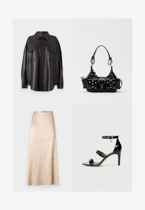 Black leather shirt with a button-up front, pointed collar, and two chest pockets. Features a loose fit and smooth texture.; Light beige satin midi skirt featuring a flowing silhouette, diagonal stitching details, and a smooth texture with a subtle sheen.; Black patent leather sandal with three straps, ankle buckle, and 4-inch stiletto heel. Features gold hardware detail and logo charm.; Black leather handbag with a curved design, featuring silver studs, a buckle, and two side pockets. Adjustable strap for carrying options.