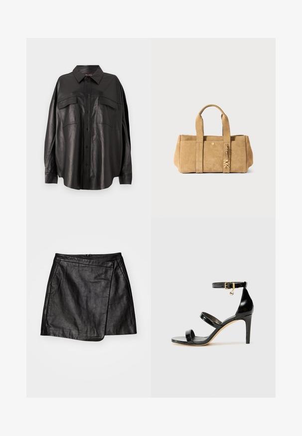 Sort læder skjorte med knaplukning fortil, spidse kraver og to brystlommer. Har en løs pasform og glat tekstur.; Sort læder mini nederdel med asymmetrisk omslags-design, der har en glat tekstur og en lynlås lukning bagpå.; Sorte patenterede lædersandaler med tre stropper, ankelspænde og 10 cm stiletthæl. Har detaljer i guld og et logo charms.; Sanden suedetotetaske med to top håndtag, der har en frontlomme, detaljer i guldbeslag og en blød, struktureret finish.