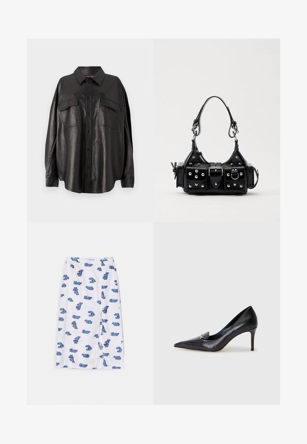Camisa de couro preto com frente botões, colarinho pontiagudo e dois bolsos no peito. Apresenta um corte solto e uma textura suave.; Saia branca com um padrão floral azul, forma reta, até ao joelho, com uma abertura lateral para um detalhe e movimento adicionais.; Sapatilha de couro preto com bico fino, vamp baixo e um detalhe decorativo em ouro. Apresenta um salto agulha e uma textura suave.; Bolsa de couro preta com um design curvado, apresentando tachas prateadas, uma fivela e dois bolsos laterais. Alça ajustável para opções de transporte.
