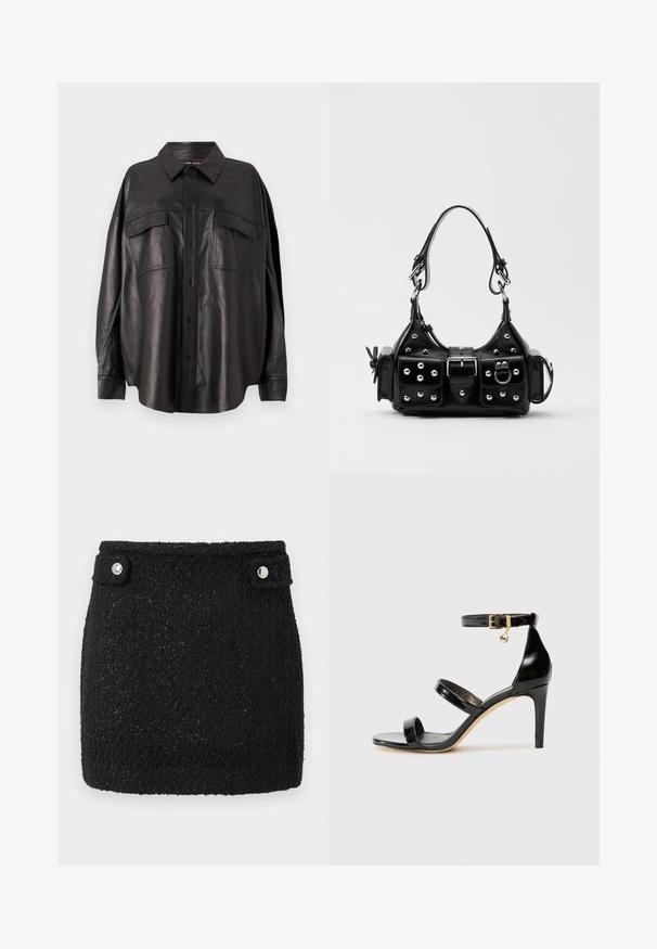 Sort læder skjorte med knaplukning fortil, spidse kraver og to brystlommer. Har en løs pasform og glat tekstur.; Sort miniskirt lavet af tekstureret stof med subtil glans. Har to sølvfarvede trykknapper i taljen til lukning.; Sorte patenterede lædersandaler med tre stropper, ankelspænde og 10 cm stiletthæl. Har detaljer i guld og et logo charms.; Sort læderhåndtaske med et buet design, prydet med sølvfarvede nitter, en spænde og to sidelommer. Justerbar rem til forskellige bære muligheder.
