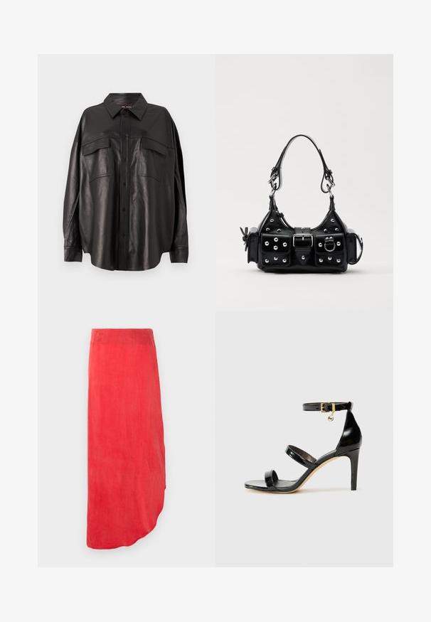 Black leather shirt with a button-up front, pointed collar, and two chest pockets. Features a loose fit and smooth texture.; Red, ankle-length skirt in a smooth, lightweight fabric. Features a curved hemline and a solid color with no visible patterns or embellishments.; Black patent leather sandal with three straps, ankle buckle, and 4-inch stiletto heel. Features gold hardware detail and logo charm.; Black leather handbag with a curved design, featuring silver studs, a buckle, and two side pockets. Adjustable strap for carrying options.