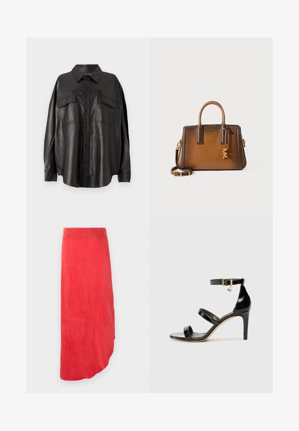 Black leather shirt with a button-up front, pointed collar, and two chest pockets. Features a loose fit and smooth texture.; Red, ankle-length skirt in a smooth, lightweight fabric. Features a curved hemline and a solid color with no visible patterns or embellishments.; Black patent leather sandal with three straps, ankle buckle, and 4-inch stiletto heel. Features gold hardware detail and logo charm.; Brown leather handbag featuring dual top handles, a detachable shoulder strap, gold hardware, and a decorative charm with the letters "MK."