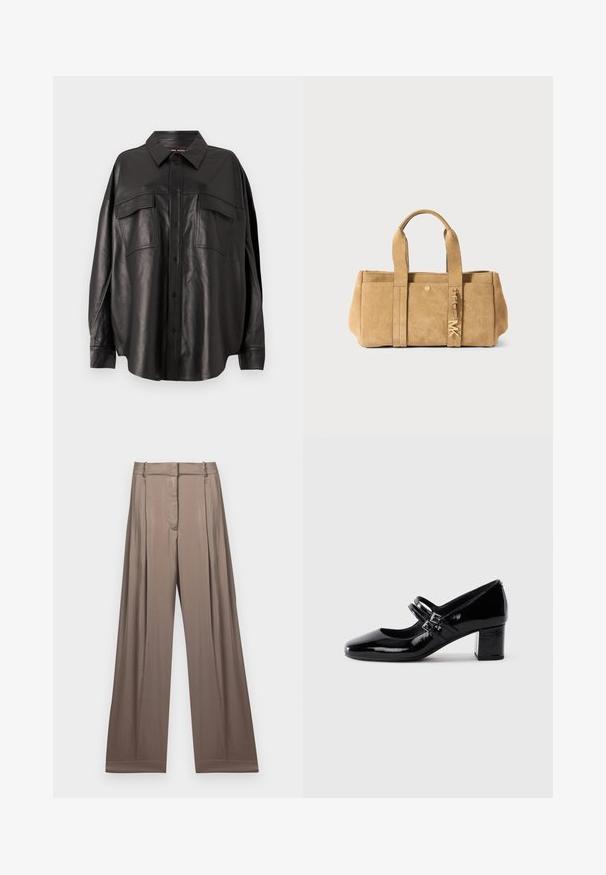 Chemise en cuir noir avec un devant à boutons, un col pointu et deux poches poitrine. Elle présente une coupe ample et une texture lisse.; T-shirt blanc court en coton, avec des manches courtes et le logo "MICHAEL KORS" brodé ton sur ton à l'avant.; Pantalons à jambes larges de couleur taupe apaisée, fabriqués en tissu lisse avec une finition satinée. Dotés d'une taille cintrée et de plis subtils.; Chaussure Mary Jane en cuir verni noir avec deux courroies à boucle et un petit talon carré sur fond blanc.; Sac fourre-tout en suédine beige avec deux poignées supérieures, doté d'une poche avant, de détails en métal doré et d'une finition douce et texturée.