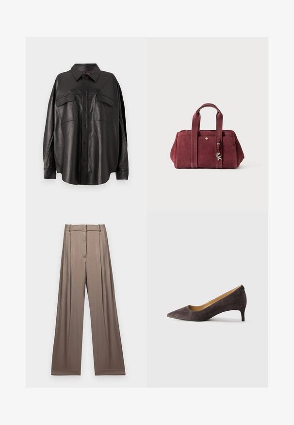Crna kožna košulja s gumbima sprijeda, šiljastim ovratnikom i dva džepa na prsima. Ima širok kroj i glatku teksturu.; Bijela skraćena majica od pamuka, sa kratkim rukavima i logotipom "MICHAEL KORS" u istom vezenom tekstu preko prednje strane.; Hlače širokog kroja u prigušenoj taupe boji, izrađene od glatkog materijala s satenskim završetkom. Imaju krojeni pojas i suptilne nabore.; Tamnosmeđi antilop cipele s uskim vrhom i niskom petom, s tankom petom i glatkom svijetlosmeđom unutrašnjom oblogom, prikazane u profilu na neutralnoj pozadini.; Burgundska suđena torba s dva gornja ručka, zatvaranjem na zip, prednjim džepom i metalnim privjeskom. Pravokutni oblik s mekanom teksturom.