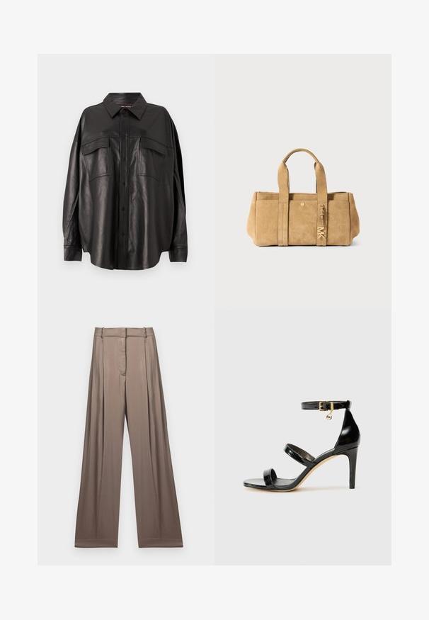 Schwarzes Lederhemd mit durchgehender Knopfleiste, spitzem Kragen und zwei Brusttaschen. Hat eine lockere Passform und eine glatte Textur.; Weißes, kurzes T-Shirt aus Baumwolle mit kurzen Ärmeln und dem aufgestickten "MICHAEL KORS"-Logo in passendem Schriftzug auf der Vorderseite.; Weite Hosen in einem gedeckten Taupe-Ton, aus glattem Stoff mit satinartiger Oberfläche. Mit einem taillierten Bund und dezenten Falten.; Schwarze Lackleder-Sandale mit drei Riemen, Knöchelriemen und 10 cm hohen Stiletto-Absatz. Verfügt über goldfarbene Hardware-Details und ein Logo-Charm.; Beige Wildleder-Tote mit zwei Griffen oben, mit einer Vordertasche, goldenen Hardware-Details und einer weichen, strukturierten Oberfläche.