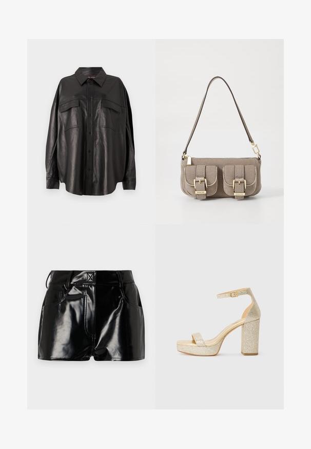 Schwarzes Lederhemd mit durchgehender Knopfleiste, spitzem Kragen und zwei Brusttaschen. Hat eine lockere Passform und eine glatte Textur.; Schwarze, glänzende Shorts aus synthetischem Material. Mit einem taillierten Bund, Gürtelschlaufen und vorderen Taschen mit auffälligen Nähdetails.; Goldene Glitzer-Plateau High-Heel-Sandalen mit Knöchelriemen und Schnalle auf weißem Hintergrund.; Beige strukturiertes Handtäschchen mit verstellbarem Tragegurt, zwei vorderen Taschen, die mit Schnallen gesichert sind, und goldenen Metallakzenten. Reißverschlussöffnung oben.