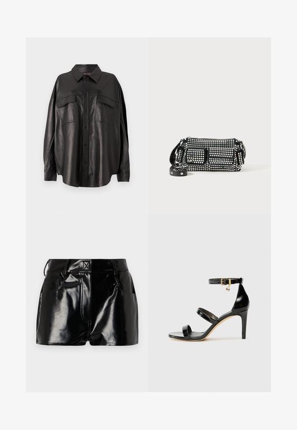 Sort læder skjorte med knaplukning fortil, spidse kraver og to brystlommer. Har en løs pasform og glat tekstur.; Sorte, blanke shorts lavet af syntetisk materiale. Har en tætsiddende talje, bælteslaufer og forlommer med fremtrædende stikninger.; Sorte patenterede lædersandaler med tre stropper, ankelspænde og 10 cm stiletthæl. Har detaljer i guld og et logo charms.; Sort håndtaske dekoreret med sølvfarvede cirkulære nitter, med rektangulær form, frontlomme med lynlås og justerbar strop. Logo synligt.