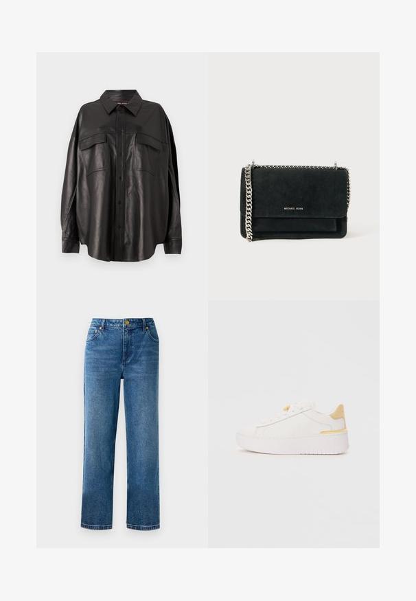 Sort læder skjorte med knaplukning fortil, spidse kraver og to brystlommer. Har en løs pasform og glat tekstur.; Blå høj talje jeans med lige ben, lavet af denim, med fem lommer og detaljer i guldtonet metal.; Hvide sneakers med en glat læderoverdel, kontrastfarvet gul hælkappe, tykk hvid platformssål og minimalistisk snøredesign.; Sort ruskind pouchette med en sølv kæderekke, der har en klaplukning og prægede logo detaljer på fronten. Kompakt og rektangulær form.