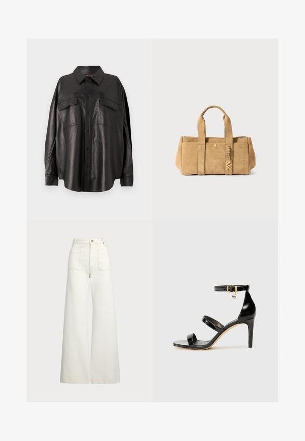 Black leather shirt with a button-up front, pointed collar, and two chest pockets. Features a loose fit and smooth texture.; Wide-leg jeans in off-white denim. High-waisted design with a button closure, two front pockets, and contrast stitching details.; Black patent leather sandal with three straps, ankle buckle, and 4-inch stiletto heel. Features gold hardware detail and logo charm.; Tan suede tote bag with two top handles, featuring a front pocket, gold hardware detail, and a soft, textured finish.
