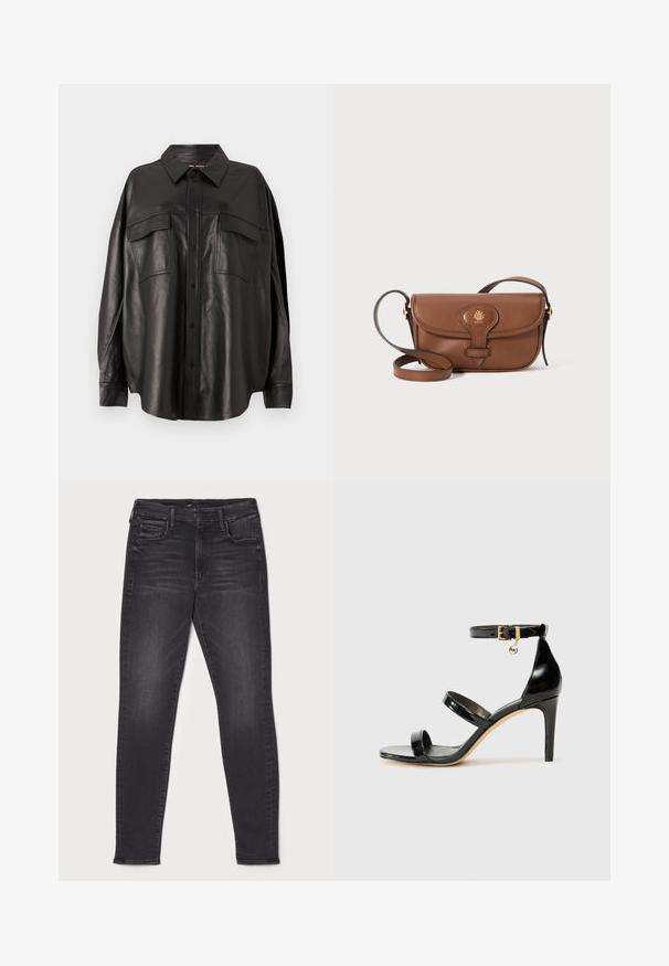Černá kožená košile s knoflíkovou přední částí, špičatým límcem a dvěma náprsními kapsami. Vyznačuje se volným střihem a hladkou texturou.; Černé skinny džíny z denimu s hladkou texturou, vybavené pěti kapsami, zapínáním na zip a jemným vyblednutím na stehnech.; Černé lakované kožené sandály se třemi pásky, sponou na kotníku a 10 cm jehlovým podpatkem. Obsahují zlaté kovové detaily a logo přívěsek.; Hnědá kožená crossbody taška s zakulaceným klopou, zlatými kovovými prvky a dekorativním logem. Popruh je nastavitelný a má hladkou texturu.