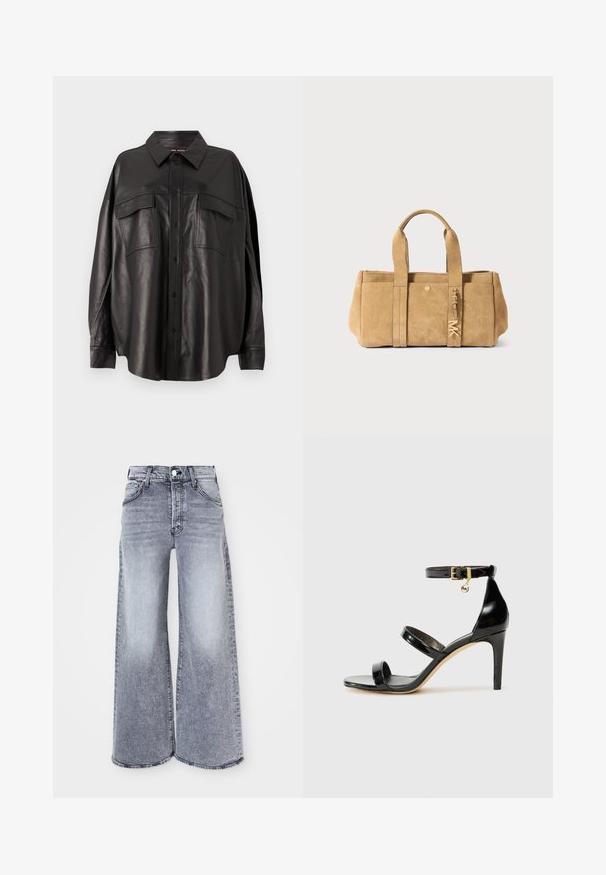 Black leather shirt with a button-up front, pointed collar, and two chest pockets. Features a loose fit and smooth texture.; Light gray wide-leg jeans made of denim, featuring a high waist, button closure, and subtle fading with a raw hem at the legs.; Black patent leather sandal with three straps, ankle buckle, and 4-inch stiletto heel. Features gold hardware detail and logo charm.; Tan suede tote bag with two top handles, featuring a front pocket, gold hardware detail, and a soft, textured finish.