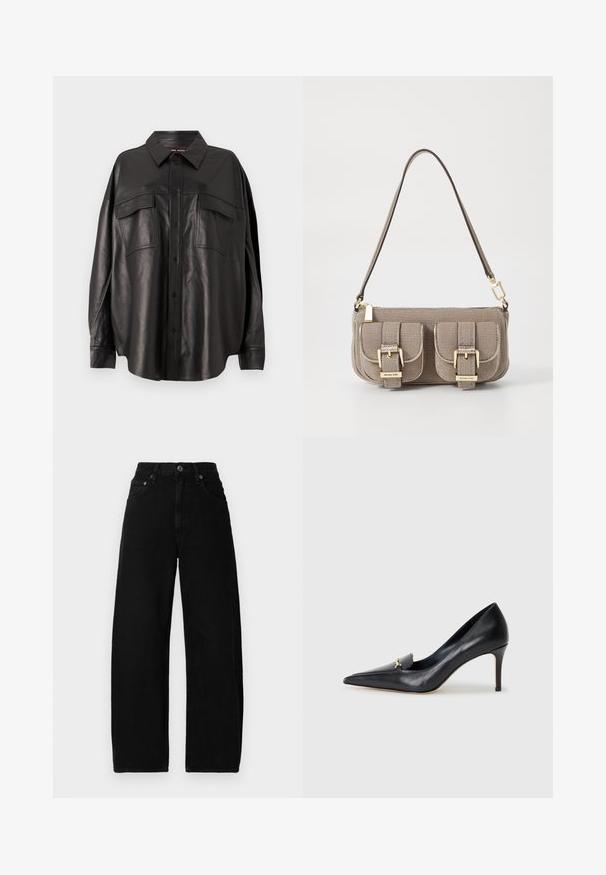 Mustat nahkapaita, jossa on napitettava etuosa, pitkät kaulukset ja kaksi rintataskua. Ulkonäkö on tilava ja pintamateriaali on sileä.; Musta farkkulegginsit, joissa on korkea vyötärö, edessä nappikiinnitys, taskut ja sileä, mattapintainen rakenne.; Musta nahkainen korkokenkä, jossa on terävä kärki, matala leikkaus ja koristeellinen kultainen yksityiskohta. Varustettu stilettokannalla ja sileällä pinnalla.; Beige käsilaukku, jossa on säädettävä olkahihna, kaksi etutaskua, jotka on varustettu soljilla, ja kultaiset yksityiskohdat. Vetoketjusulku ylhäällä.