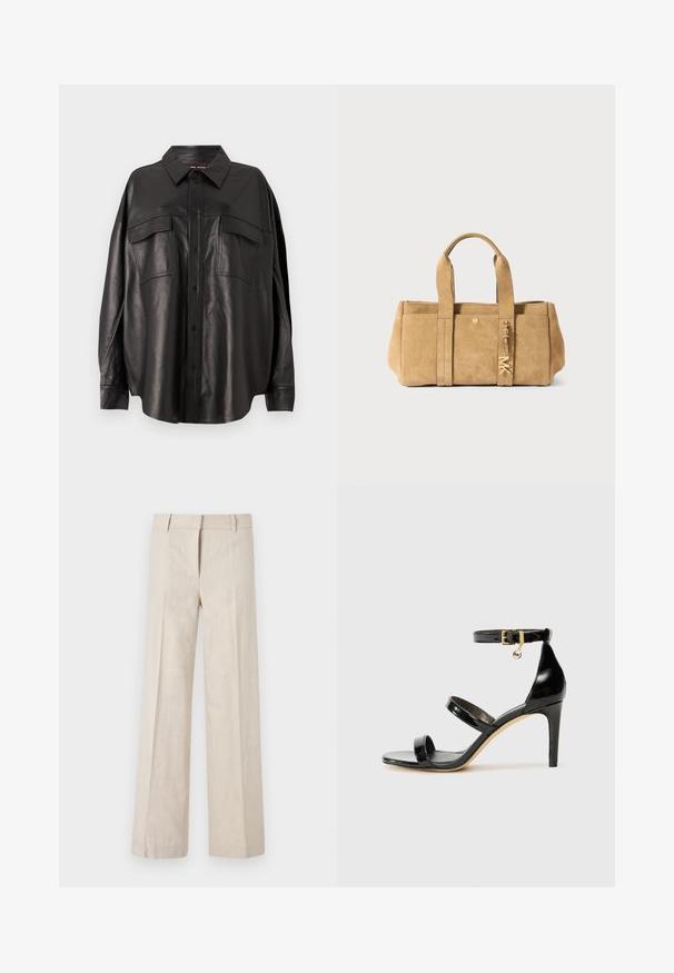 Black leather shirt with a button-up front, pointed collar, and two chest pockets. Features a loose fit and smooth texture.; Beige wide-leg trousers in lightweight fabric, featuring a smooth texture and clean front pleats. The waistband is tailored with belt loops.; Black patent leather sandal with three straps, ankle buckle, and 4-inch stiletto heel. Features gold hardware detail and logo charm.; Tan suede tote bag with two top handles, featuring a front pocket, gold hardware detail, and a soft, textured finish.