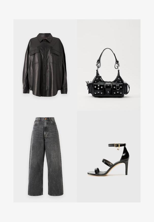 Čierna kožená košeľa s gombíkmi, špicatým golierom a dvoma náprsníkovými vreckami. Má voľný strih a hladkú textúru.; Džínsy s vysokým pásom a širokými nohavicami v bledohnedé džínovine s prednými vreckami, pútkom na opasok a medi uzatváracím gombíkom.; Čierne lakované sandále s tromi pásikmi, spona na členku a 10 cm ihlovým podpätkom. Obsahujú zlaté detaily s hardwarem a logo prívesok.; Čierna kožená kabelka s zakriveným dizajnom, doplnená striebornými cvočkami, prackou a dvoma bočnými vreckami. Nastaviteľný popruh poskytuje rôzne možnosti nosenia.
