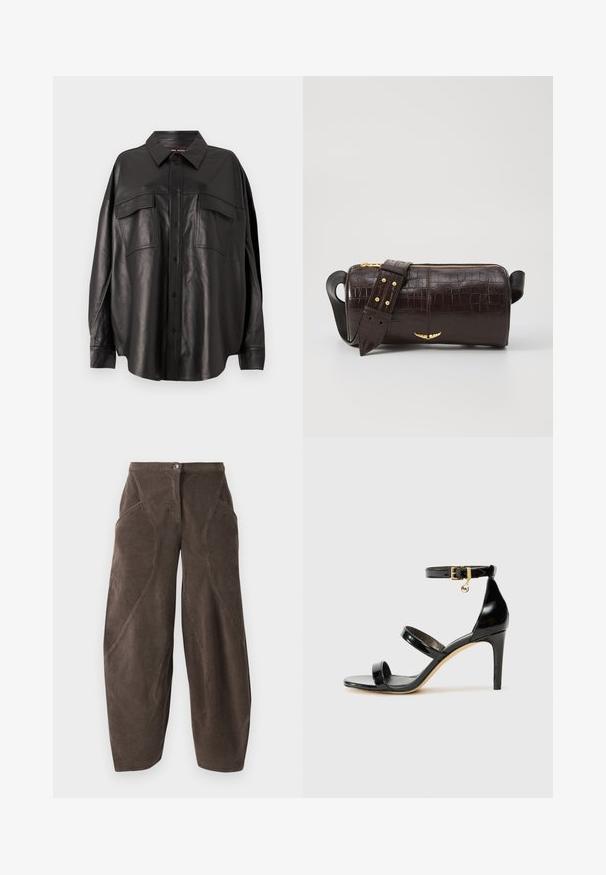 Czarna skórzana koszula z zapięciem na guziki, ostro zakończonym kołnierzykiem i dwiema kieszeniami na piersi. Charakteryzuje się luźnym krojem i gładką fakturą.; Brązowe szerokie nogawki z korduroju, z wysokim stanem, z przodu zapięciem na guzik i ukosnymi szwami na nogawkach.; Czarne lakierowane sandały na paski z trzema paskami, zapięciem na kostce i 10-centymetrowym obcasem w szpilce. Zawierają złote detale oraz zawieszkę z logo.; Brązowa torba ze skóry z tłoczeniem krokodyla w kształcie cylindrycznym, z metalowymi elementami w kolorze złotym oraz odczepianym paskiem z ćwiekami.