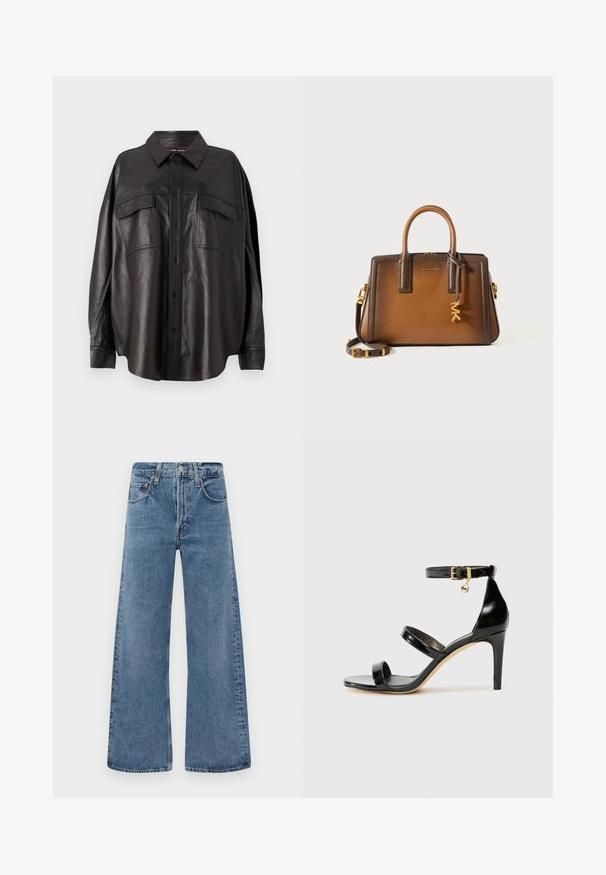 Black leather shirt with a button-up front, pointed collar, and two chest pockets. Features a loose fit and smooth texture.; Wide-leg, blue denim jeans with a classic five-pocket design, button closure, and faded texture, featuring raw edge hems.; Black patent leather sandal with three straps, ankle buckle, and 4-inch stiletto heel. Features gold hardware detail and logo charm.; Brown leather handbag featuring dual top handles, a detachable shoulder strap, gold hardware, and a decorative charm with the letters "MK."