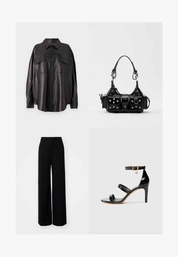 Chemise en cuir noir avec un devant à boutons, un col pointu et deux poches poitrine. Elle présente une coupe ample et une texture lisse.; Pantalons larges noirs à taille haute, en tissu lisse, avec fermeture à bouton à l'avant et sans poches visibles, offrant une coupe tailleur.; Sandale en cuir verni noir avec trois brides, boucle de cheville et talon aiguille de 10 cm. Présente un détail en métal doré et un charm logo.; Sac à main en cuir noir au design courbé, avec des clous en argent, une boucle et deux poches latérales. Bandoulière réglable pour différentes options de transport.