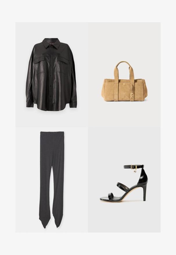 Melnas ādas krekls ar pogu aizdari priekšā, norādītu apvalku un divām krūšu kabatām. Iezīmē vaļīgu piegriezumu un gludu tekstūru.; Tumši pelēki legingi, izgatavoti no mīksta auduma, ar plašu jostu un saspringtām, norādītām beigām. Dizains ir gluds, bez rakstiem.; Melnas lakota ādas sandalēs ar trim siksnām, potītes sprādzi un 4 collu stiletto papēdi. Iespējas ar zelta detaļām un logotipa piekariņu.; Smilga krēmsuede tote soma ar divām augšējām rokturiem, ar priekšējo kabatu, zelta krāsas detaļām un mīkstu, teksturētu apdari.