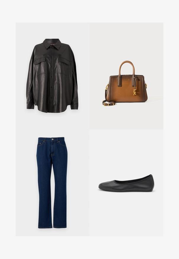 Must värvi nahast särk nupuga esitasku, terava krae ja kahe rinna taskuga. Omab laia lõiget ja sujuvat tekstuuri.; Tume sinine denimist teksapüksid otse jalgade disainiga, viie tasku stiil, eesneede lukuga ja nööpkinnitusega. Vastupidav kangas koos peente õmblusdetailidega.; Musthave mustika tantsutossud mustast nahast, ümmarguse varbaga, siledast tekstuurist, minimaalse õmblusdetailiga ja paindliku tallakujundusega.; Pruun nahast kott, millel on kaks ülemist käepidet, eemaldatav õlavöö, kuldne riistvara ja dekoratiivne riputus, millel on tähed "MK."