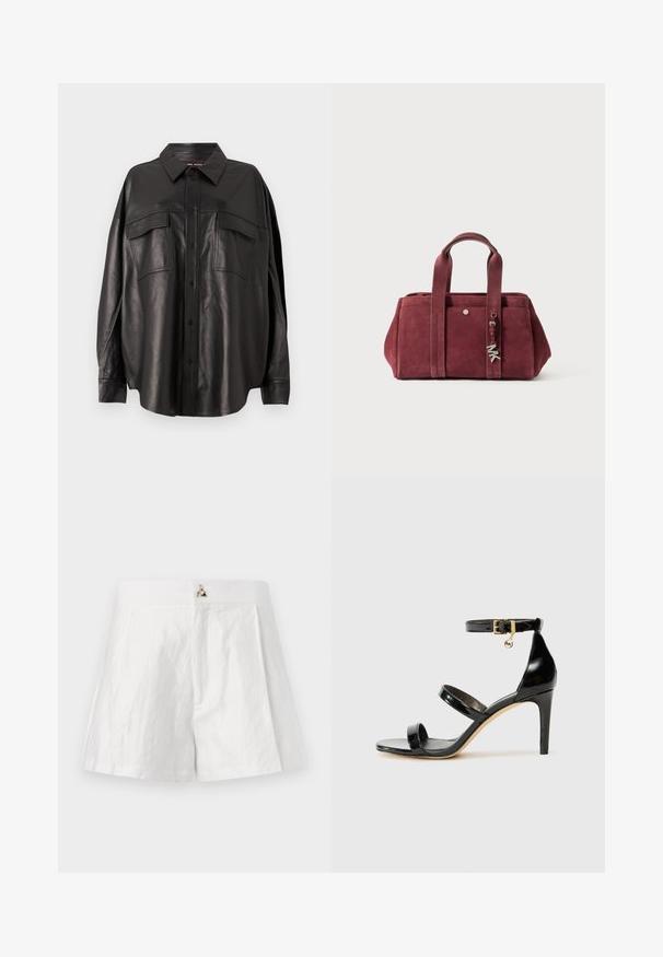 Fekete bőrdzseki gombbal elöl, hegyes gallérral és két mellzsebbel. Jellemzője a laza szabás és a sima textúra.; Fehér vászont nadrág, lapos derékrésszel, pliszírozott elülső designnal és fémes logó akcentussal az elülső középen.; Fekete lakk bőr szandál három pánttal, bokapánttal és 10 cm magasságú tűsarokkal. Arany színű részletekkel és logó charm-mal rendelkezik.; Burgundi színű velúr kézitáska, két felső fogantyúval, cipzáras záródással, elülső zsebbel és fém ékszer díszítéssel. Téglalap alakú, puha tapintású.