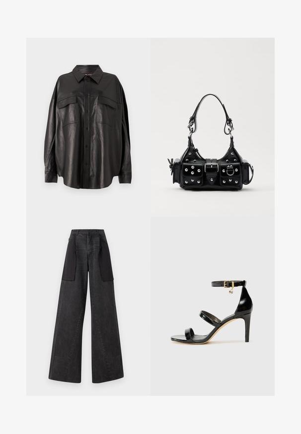 Black leather shirt with a button-up front, pointed collar, and two chest pockets. Features a loose fit and smooth texture.; Wide-leg jeans made of dark denim with black fabric panels on the sides, featuring a high waist and visible stitching details.; Black patent leather sandal with three straps, ankle buckle, and 4-inch stiletto heel. Features gold hardware detail and logo charm.; Black leather handbag with a curved design, featuring silver studs, a buckle, and two side pockets. Adjustable strap for carrying options.
