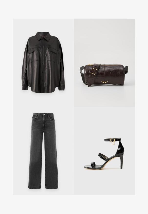 Black leather shirt with a button-up front, pointed collar, and two chest pockets. Features a loose fit and smooth texture.; Black high-waist straight-leg denim jeans with front button and zipper, two front pockets, and two back pockets.; Black patent leather sandal with three straps, ankle buckle, and 4-inch stiletto heel. Features gold hardware detail and logo charm.; Brown crocodile-embossed leather bag with a cylindrical shape, gold-tone hardware, and a detachable strap featuring studs.