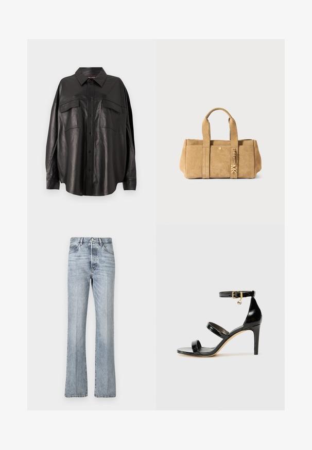 Black leather shirt with a button-up front, pointed collar, and two chest pockets. Features a loose fit and smooth texture.; Light blue denim jeans with a flared leg design, high waist, front pockets, and subtle fading. Standard button and zip closure.; Black patent leather sandal with three straps, ankle buckle, and 4-inch stiletto heel. Features gold hardware detail and logo charm.; Tan suede tote bag with two top handles, featuring a front pocket, gold hardware detail, and a soft, textured finish.