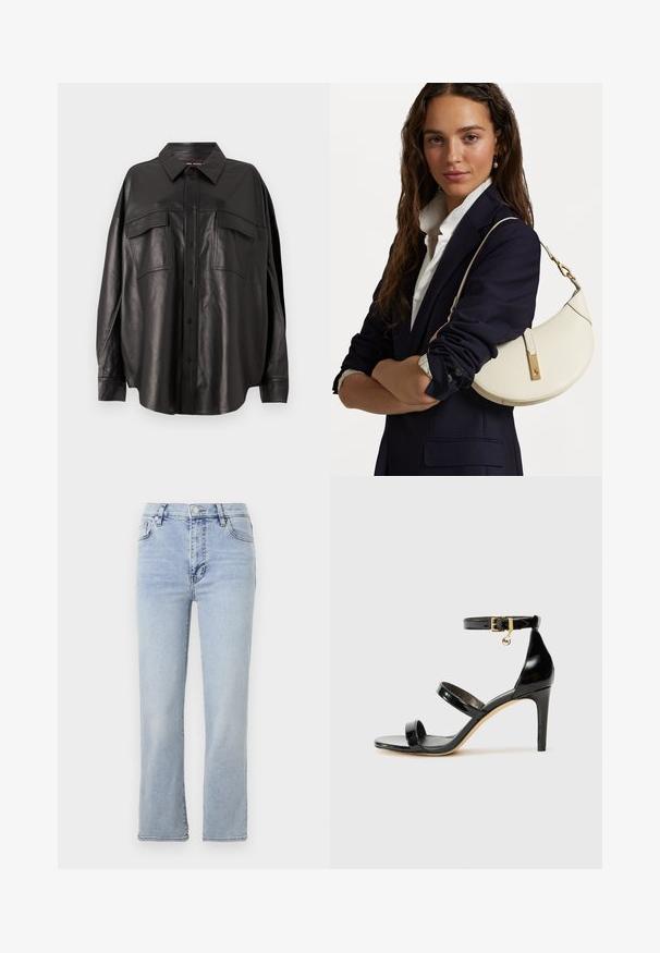 Camisa de couro preto com frente botões, colarinho pontiagudo e dois bolsos no peito. Apresenta um corte solto e uma textura suave.; Jeans de denim azul claro com um design de perna reta, cinco bolsos, fecho com botão e zíper, e detalhes de costura visíveis.; Sandal de couro envernizado preto com três tiras, fivela no tornozelo e salto agulha de 10 cm. Apresenta detalhes em hardware dourado e um charme com logotipo.; Bolsa de mão de couro branco com forma curva, material dourado e acabamento texturizado, usada sobre um blazer escuro e uma camisa branca.