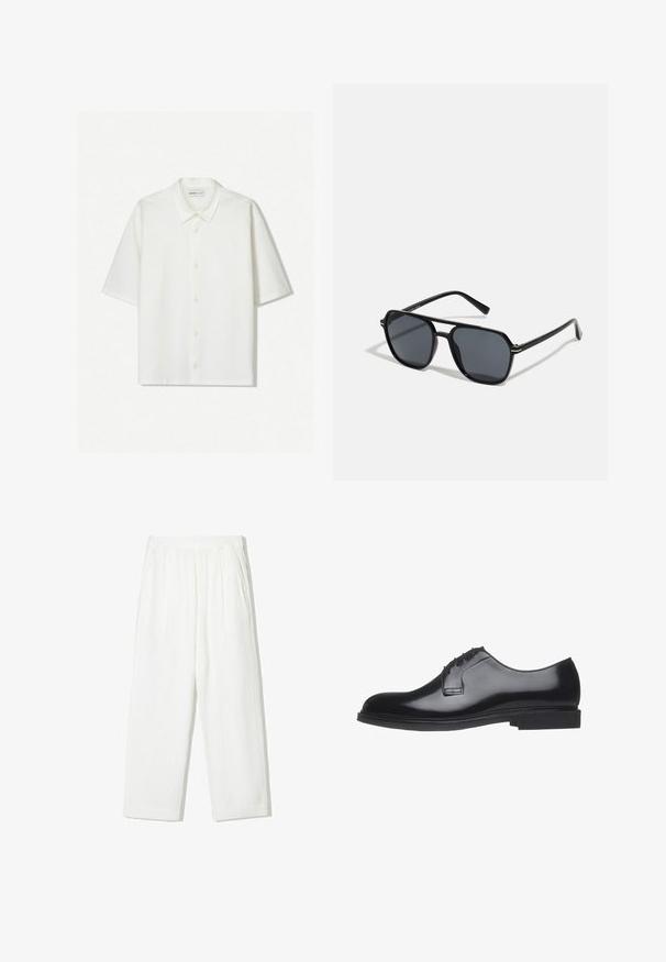 Camicia corta a maniche bianche realizzata in tessuto texturizzato. Presenta un colletto e bottoni sul davanti. Design semplice e pulito.; Pantaloni bianchi a gamba larga realizzati in tessuto testurizzato. Presentano una vita elastica e due tasche laterali. Design casual e vestibilità ampia.; Scarpa da uomo in pelle nera con finitura liscia e lucida, punta arrotondata, design con lacci e suola bassa in gomma nera.; Occhiali da sole neri con montatura ottagonale, lenti scure, finitura lucida, aste sottili e dettagli dorati sul davanti.