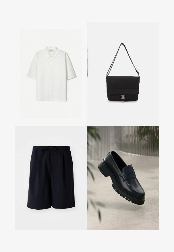 Weißes kurzärmliges Hemd aus strukturiertem Stoff. Verfügt über einen kragenlosen Ausschnitt und Knöpfe auf der Vorderseite. Einfaches, sauberes Design.; Marineblaue Shorts aus leichtem Material, mit einem elastischen Bund und Kordelzug sowie zwei Seitentaschen, gerader Schnitt.; Schwarze Lederloafer mit einer robusten profilierten Sohle, ausgestattet mit einem dekorativen Riemen und einer Stichdetail. Glatte Textur mit einem polierten Finish.; Schwarze Umhängetasche aus glattem Material, mit einem umklappbaren Deckel, silbernem Verschluss und verstellbarem Schultergurt.
