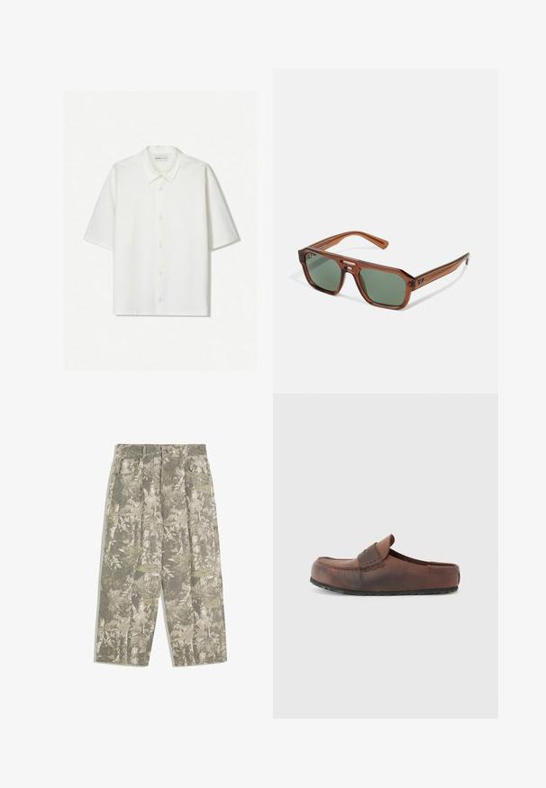 Cămașă albă cu mânecă scurtă, realizată dintr-un material texturat. Dispune de un guler și nasturi pe toată lungimea frontală. Design simplu și curat.; Pantaloni cargo cu picioare largi, în model de camuflaj cu frunze și scoarță în nuanțe de verde și bej, dotati cu buzunare frontale și bucle pentru curea.; Pantof brown din piele, cu vârf rotund, cusături decorative și talpă din cauciuc texturat. Design simplu și accente minime.; Ochelari de soare rectangulari transparenți, de culoare maro, cu lentile verzi. Caracteristici includ un cadru gros din plastic și accente metalice pe temple.