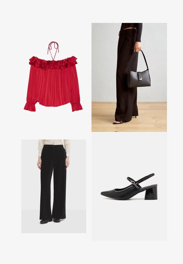 Červená blůza bez ramínek s volánkovým výstřihem, zavazovacími ramínky, na nařaseném povrchu a rozšířenými manžetami rukávů. Lehčí saténová tkanina.; Černé široké kalhoty vyrobené z měkké tkaniny, vybavené předními kapsami, knoflíkovým zapínáním a hladkým povrchem.; Černé lakované lodičky s otevřenou patou, špičatou špičkou, zaobleným střihem a blokovým podpatkem. Zdobené akcentem v zlatém tónu.; Černá kabelka se strukturovaným tvarem, hladkým povrchem a kovovým uzávěrem. Kombinována s širokými černými kalhotami a sandály s otevřenou špičkou na dřevěné podlaze.