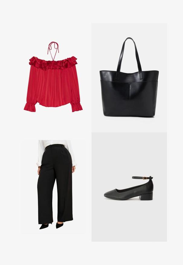 Červená blůza bez ramínek s volánkovým výstřihem, zavazovacími ramínky, na nařaseném povrchu a rozšířenými manžetami rukávů. Lehčí saténová tkanina.; Černé kalhoty s širokými nohavicemi, které mají vysoký pas, hladkou tkaninu a hluboké přední záhyby. V kombinaci s špičatými černými botami.; Černé kožené lodičky s špičatou špičkou a nízkým blokovým podpatkem. Obsahují pásek kolem kotníku se zlatou sponou. Hladký povrch.; Černá kožená taška s dlouhými ušima, hladkým povrchem a strukturovaným tvarem. Obsahuje přední kapsu pro další úložný prostor.