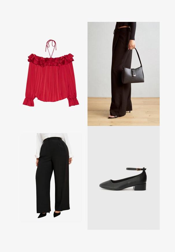 Blusa roja sin hombros con escote fruncido, tirantes con lazo, textura plisada y puños de manga acampanados. Tela de satén liviana.; Pantalones anchos negros con un diseño de cintura alta, tela suave y pliegues frontales profundos. Combinados con zapatos de punta negros.; Zapato de tacón negro de cuero con punta afilada y tacón bajo cuadrado. Presenta una correa para el tobillo con una hebilla en tono dorado. Textura suave.; Bolso negro con forma estructurada, textura suave y un cierre metálico. Combinado con pantalones anchos negros y sandalias de dedo en un suelo de madera.