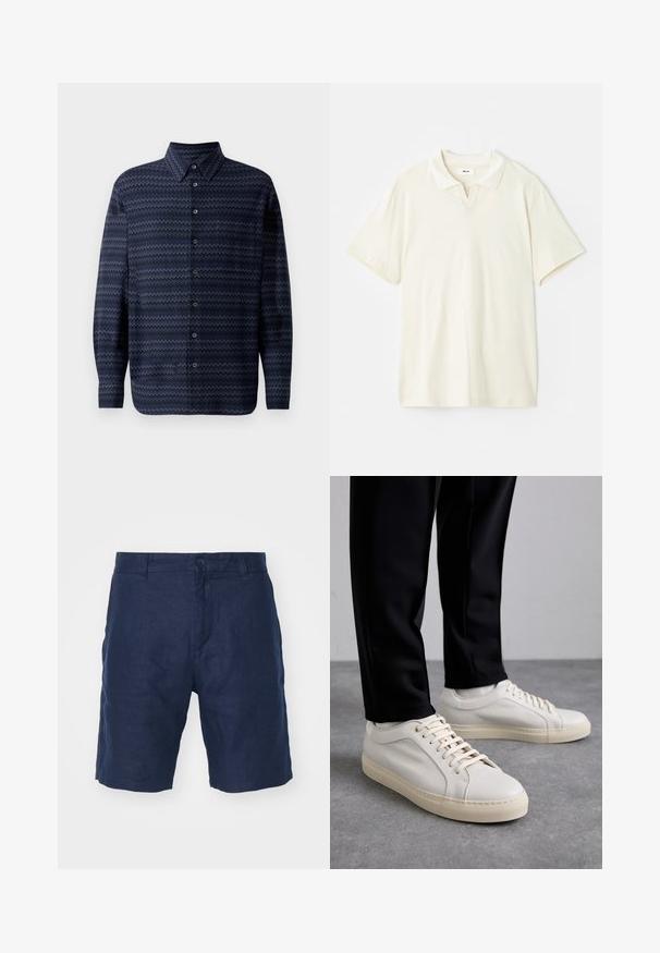 Camisa de botones azul marino con un patrón en zigzag, de mangas largas, con cuello estándar y botones en la parte frontal. Acabado de tela texturizada.; Polo color crema con cuello clásico, mangas cortas y una ligera abertura en forma de V en el escote. Textura suave y diseño minimalista.; Shorts de lino azul marino con cierre de botón, diseño recto, textura suave y estilo minimalista.; Zapatillas de cuero color beige claro con cordones planos, una superficie texturizada y una suela de goma color crema en contraste, combinadas con pantalones negros ajustados.
