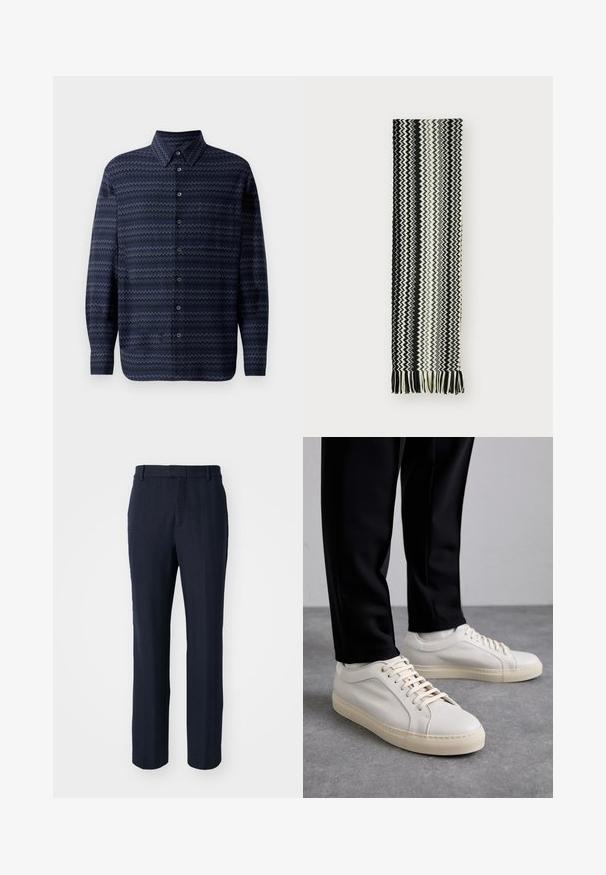 Cămașă albastră cu nasturi, cu model zig-zag, mâneci lungi, guler standard și nasturi pe toată fața. Terminare din țesătură texturată.; Pantaloni bleumarin cu un model herringbone, design cu picioare drepte, bucle pentru curea și un finisaj texturat.; Adidași din piele bej deschis, cu șirete plate, o suprafață texturată și o talpă din cauciuc de culoare crem, asociați cu pantaloni negri tip tapered.; Fular țesut alb-negru cu un model în zigzag, având capete franjurate. Materialul este moale și ușor.