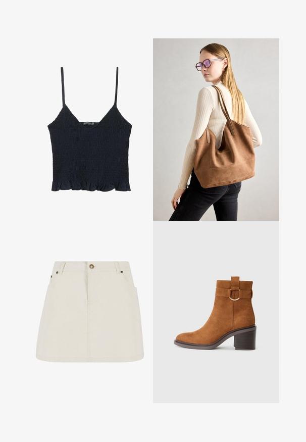 Námornícky modrý, nariasený crop top s tenkými nastaviteľnými ramienkami a volánovým spodným lemom. Vyrobený z ľahkej tkaniny s textúrovaným povrchom.; Džínová minisukňa v svetlej béžovej farbe, s vysokým pásom, dvoma prednými vreckami a bronzovými gombíkmi. Hladká textúra a jednoduchý dizajn.; Hnedé semišové členkové topánky s okrúhlym špičkou, blokovým podpätkom a dekoratívnym pásikom s detailom v tvare kruhového pracky.; Hnedá semišová taška na rameno s mäkkou textúrou, veľkým otvorom a dlhými popruhmi. Má jednoduchý dizajn s viditeľným šitím a bez kovových prvkov.