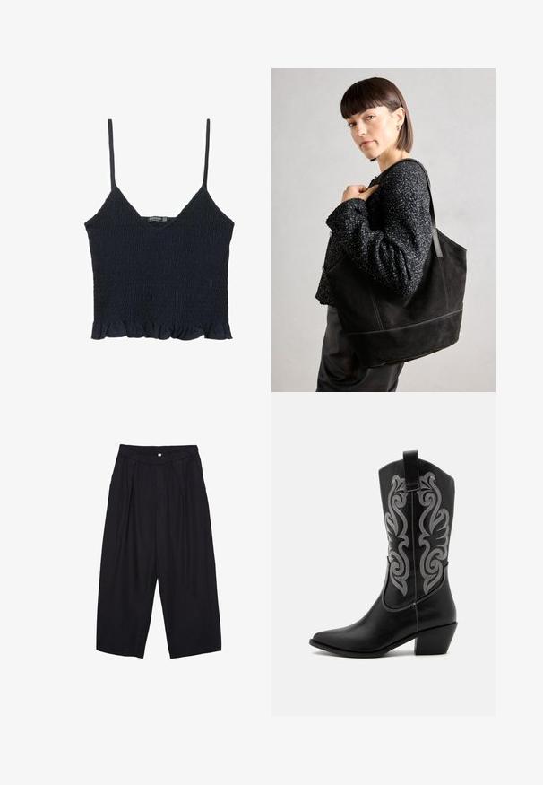 Granatowy top w stylu crop z marszczeniami, z cienkimi, regulowanymi ramiączkami i falbaną u dołu. Wykonany z lekkiego materiału o teksturowanej powierzchni.; Czarne spodnie culotte z poliestru z elastycznym pasem, dwoma fałdami z przodu i luźnym krojem. Brak widocznych wzorów lub elementów metalowych.; Czarne skórzane kowbojki z ostrym noskiem, o długości do połowy łydki, złożone ze srebrnych skomplikowanych haftów i warstwowego obcasa.; Czarna torba tote zamszowa o gładkiej fakturze, strukturalnym kształcie i kontrastowym przeszyciu. Posiada długie rączki do noszenia na ramieniu.