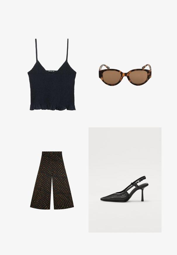 Navyblauwe, gesmokte crop top met dunne verstelbare bandjes en een geplooide zoom. Gemaakt van lichte stof met een textuur.; Zwarte wijdlopende broek van stof met een overwegend geometrisch patroon in oranje, groen en gele vormen. Soepele textuur, hoge taille.; Zwarte slingback hakken met spitse neus, mesh materiaal en slanke enkelband. Voorzien van een dunne stiletto hak en uitsnijdingen in het ontwerp.; Bruine schildpad-zonnebril met kattenoogframe, bruine lenzen en een gladde textuur. Het frame heeft gebogen armen met een subtiel patroon.; Geel faux-krokodillenhandtas met een gestructureerd ontwerp, bovenhandvat, afneembare kettingriem en decoratieve kristallen versiering op de sluiting.