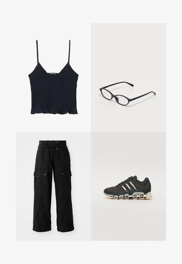 Marineblaues, gerafftes Crop-Top mit dünnen, verstellbaren Trägern und einem gefransten Saum. Hergestellt aus leichtem Stoff mit einer strukturierten Oberfläche.; Schwarze weit geschnittene Cargo-Hose mit elastischem Bund, Kordelzug, Seiten- und Gesäßtaschen sowie Knopfdetails. Hergestellt aus einem leichten Stoff.; Schwarzer Sportschuh mit einer strukturierten Oberseite, drei silbernen Streifen und einer markanten Dämpfungssohle mit mehreren integrierten Sektionen.; Schwarze Kunststoffbrille mit ovaler Form, ausgestattet mit klaren Gläsern und einem lila Akzent auf dem linken Glas. Elegantes, minimalistisches Design.