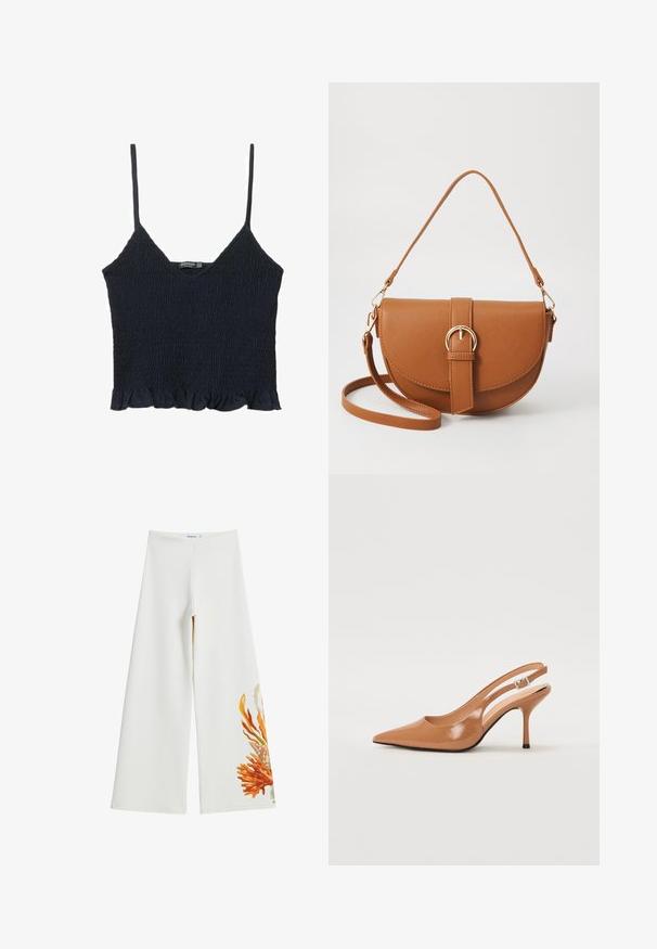 Tummansininen smockattu toppi, jossa on ohuet säädettävät hihnat ja röyhelöreuna. Valmistettu kevyestä kankaasta, jossa on tekstuuri pinta.; Valkeat, leveälahkeiset housut pehmeästä kankaasta, joissa on värikäs korallimuotoilu yhdellä puolella. Sujuva pinta ja siisti viimeistely.; Korkokenkä, jossa on terävä kärki ja avonainen kanna, valmistettu sileästä, kiiltävästä ruskeasta materiaalista. Sisältää kaarevan leikkuun muotoilun ja hoikan stilettokannan. Hopeinen solkiyksityiskohta.; Ruskean nahkainen olkalaukku, jossa on kaareva muoto, kultaiset yksityiskohdat ja solkiyksityiskohta. Varustettu irrotettavalla olkahihnalla.