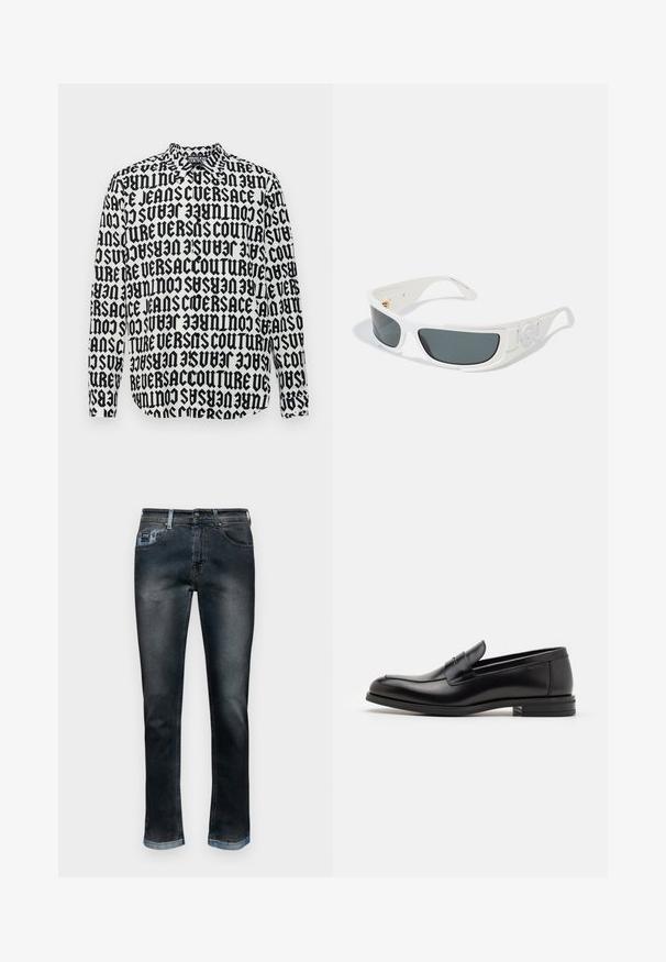 Garā piedurkne krekls ar melnbaltu grafisko dizainu, kurā atkārtojas teksts "VERSACE JEANS COUTURE" treknā fontā. Pogām aizpogājams apkakle.; Tumši džinsi ar taisnu kāju dizainu, pieci kabatas, novecojusi apdare, oranžie diegi un zilā čūska uz jostas.; Melnas ādas kurpes ar gludu tekstūru, noapaļu purngalu un dekoratīvu siksniņu pāri priekšpusei. Zems sakrauts papēdis, minimālisma dizains.; Baltas saulesbrilles ar pelēkiem lēcām, taisnstūrveida forma un strukturēti akcenti sānos. Aprīkotas ar zelta aksesuāru detaļām.