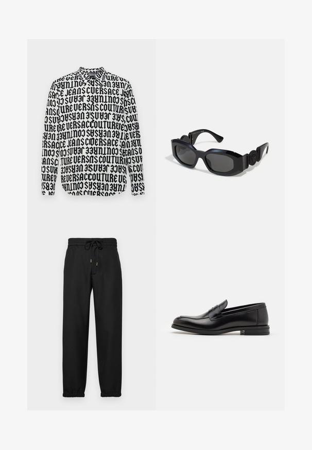 Long-sleeve shirt featuring a black and white graphic design with repeated text "VERSACE JEANS COUTURE" in bold font. Button-down collar.; Black sweatpants made of soft fabric, featuring an elastic waistband with a drawstring, tapered legs, and elastic cuffs at the ankles.; Black leather loafers with a smooth texture, rounded toe, and a decorative strap across the vamp. Low stacked heel, minimalist design.; Black sunglasses with a wide, angular frame and dark tinted lenses. Features textured black sides and a round logo accent on the temple.