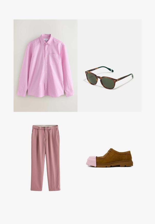 Camicia rosa chiaro a maniche lunghe con colletto a punta, taschino singolo sul petto e bottoni bianchi su un tessuto liscio.; Next RELAXED FIT EDIT - Pantaloni - pink; Scarpa in suede marrone con punta in gomma rosa e suola in gomma marrone. Presenta lacci e un design cucito sulla parte superiore.; Occhiali da sole tartarugati con lenti verdi, forma rotonda, dettagli dorati e aste verde scuro con una striscia bianca.
